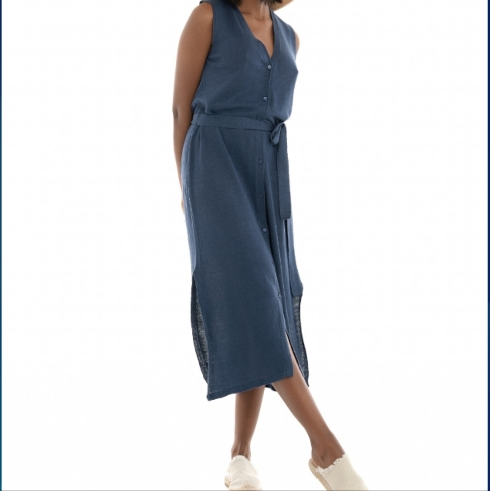 Tahari (Size L) Navy Blue Button Down Tank Sleeveless Belted Dress (NEW-NWT)